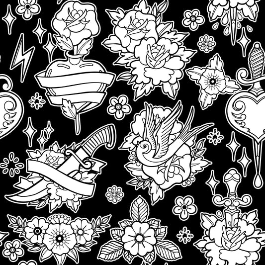Black & White Flowers, Birds & Knives (Tattoo Style) (Faux Leather - 8" x 13" Printed Sheet)