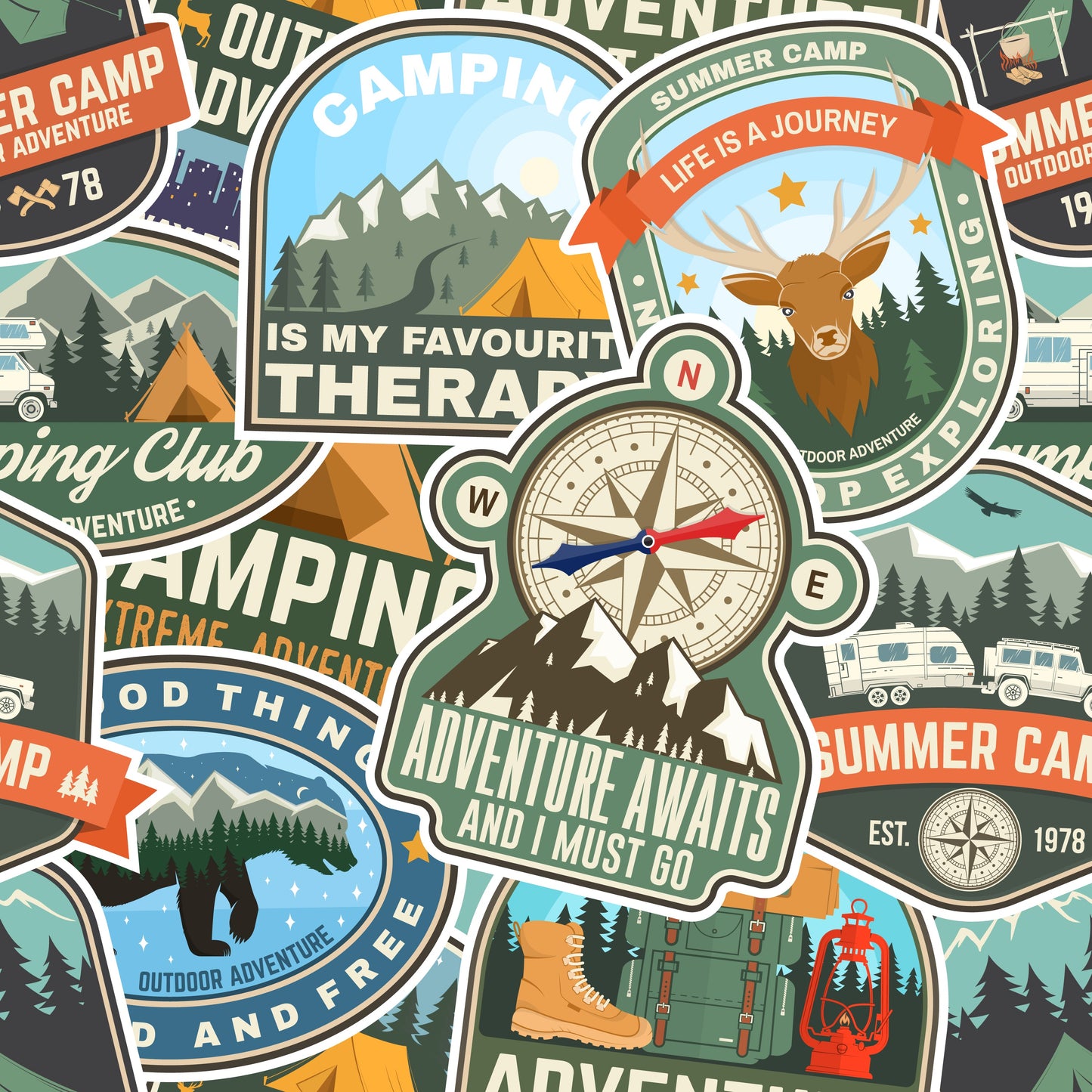 Camping Adventure Badges (Adhesive Vinyl - 12" x 12" Printed Sheet)